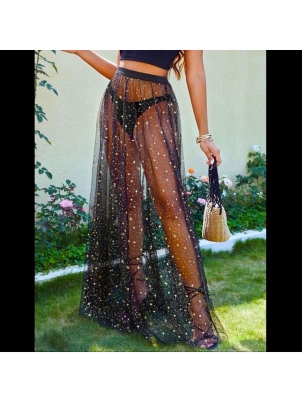 Sheer Black whimsical Tulle Maxi Skirt metallic stars hot pants Festival M